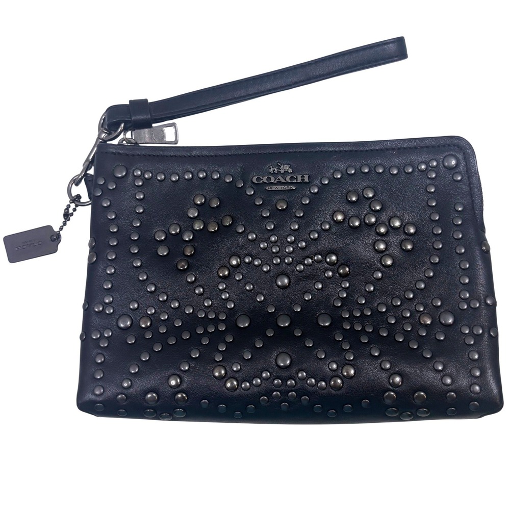 Coach Black Leather Studded Wristlet Clutch Bag Gunmetal Hardware